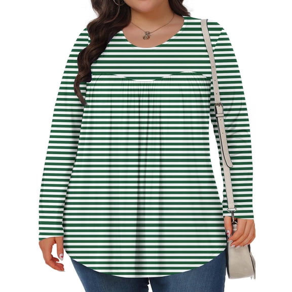 XUNKUSGA Plus Size Tops for Women Striped Long Sleeve Crew Neck Shirts for Women Casual Loose Tunic Blouse Oversized Tshirts for Women L-5XL