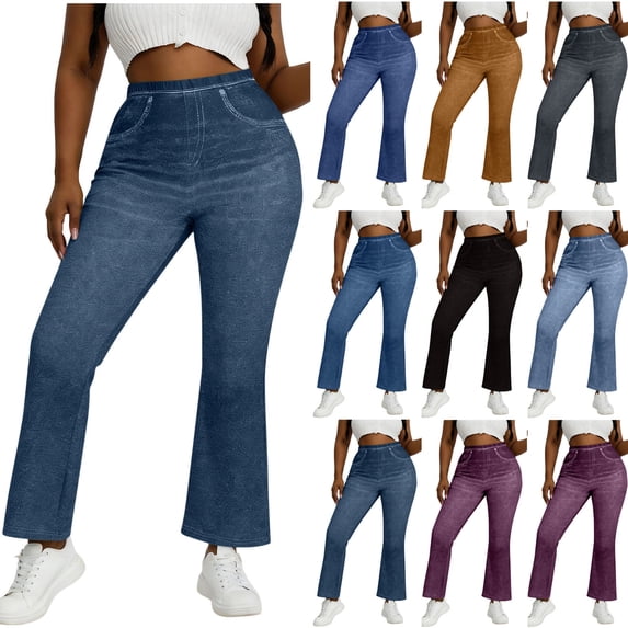 XUNKUSGA Plus Size Women's Pants Casual Stretchy High Waisted Denim Printed Pants for Women Fashion Elastic Waist Tummy Control Wide Leg Flare Pants,Gray,2XL
