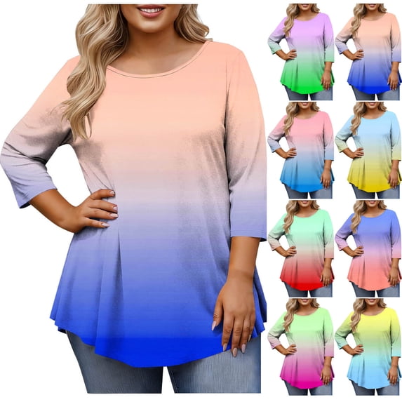 XUNKUSGA Plus Size Womens Tops Summer Loose Gradient Tunic Tops 3/4 Sleeve Boat Neck T Shirts for Women Lightweight Casual Dressy Blouses for Women XL-5XL Red