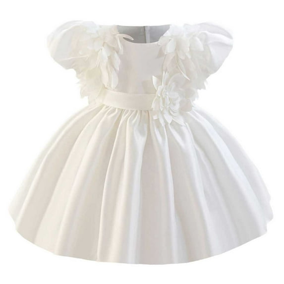 XUNKUSGA Princess Dress 1-4 Years 3D Flower Girl Dresses Puff Sleeve Mini Kids Dresses Fairy Party Wedding Dresses Solid Color Baby Girl Dress with Back Zipper