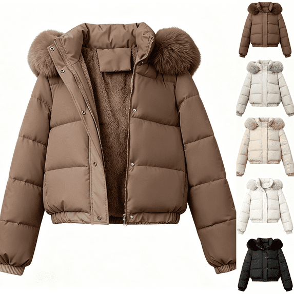XUNKUSGA Puffer Jacket Womens with Hood Fashion Solid Color Fleece Lined Zipper Cropped Winter Snow Coat Waterproof Short Warm Quilted Jacket with Pockets Coffee L