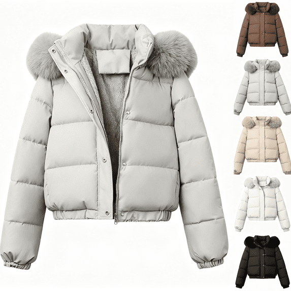 XUNKUSGA Puffer Jacket Womens with Hood Fashion Solid Color Fleece Lined Zipper Cropped Winter Snow Coat Waterproof Short Warm Quilted Jacket with Pockets Gray XL