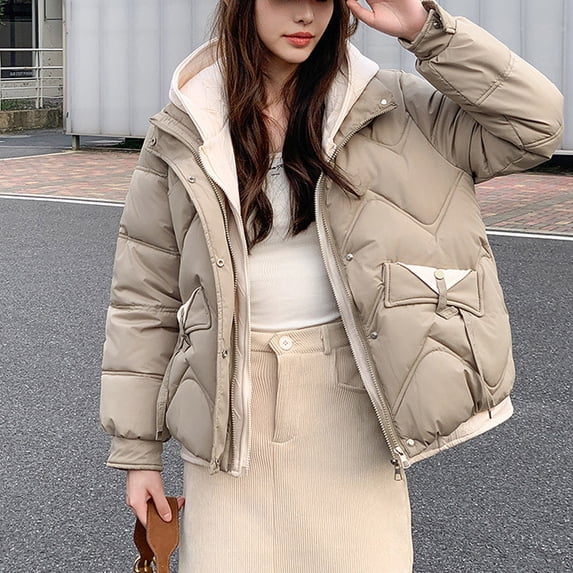XUNKUSGA Puffer Jacket Womens Loose Thickened Warm Winter Coats for Women Fashion Double-Layer Short Section Down Jacket Windproof Long Sleeve Snow Coats M-2XL Brown