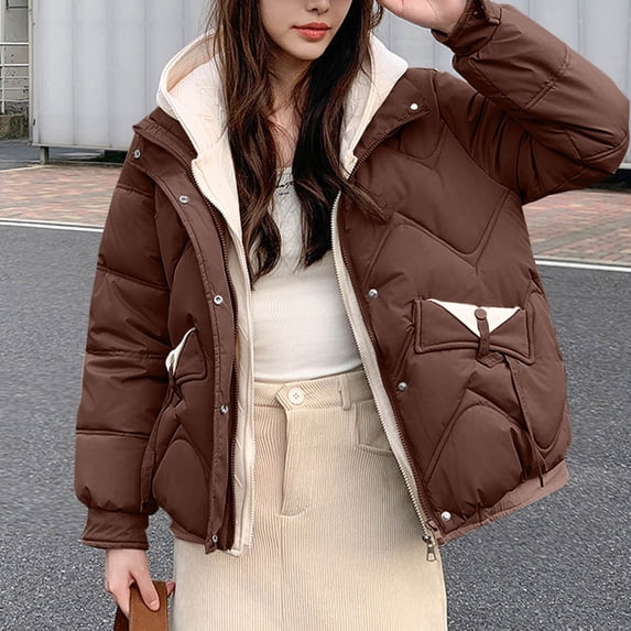 XUNKUSGA Puffer Jacket Womens Loose Thickened Warm Winter Coats for Women Fashion Double-Layer Short Section Down Jacket Windproof Long Sleeve Snow Coats M-2XL Brown