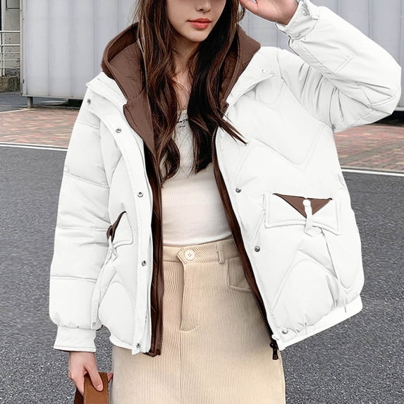 XUNKUSGA Puffer Jacket Womens Loose Thickened Warm Winter Coats for Women Fashion Double-Layer Short Section Down Jacket Windproof Long Sleeve Snow Coats M-2XL White