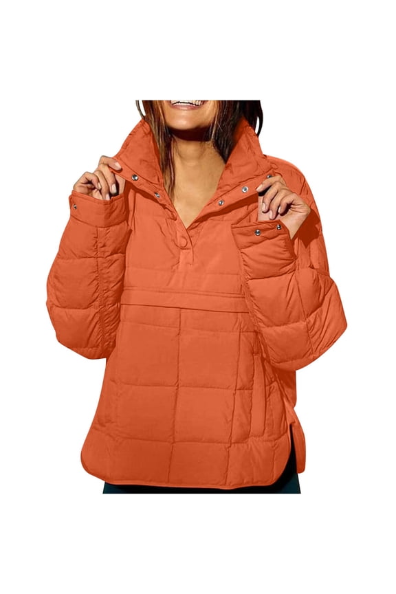 Pullover Puffer Jacket Lightweight Down Coats for Women Stand Up Collar Long Sleeve Button Quilted Casual Outerwear Warm Winter Coat with Pockets S-2XL Orange