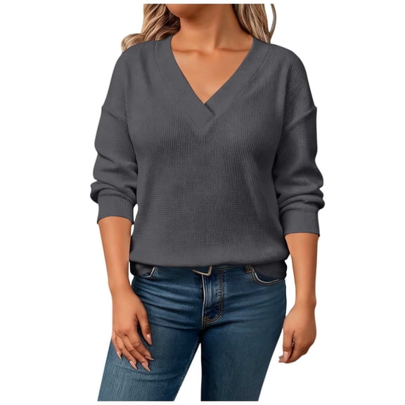 XUNKUSGA Pullover Sweaters for Women Soft Knit Tops for Women Fashion Crisscross V Neck Long Sleeve Womens Tops Loose Solid Color Womens Sweatshirts for Party Office Shopping L-4XL Gray