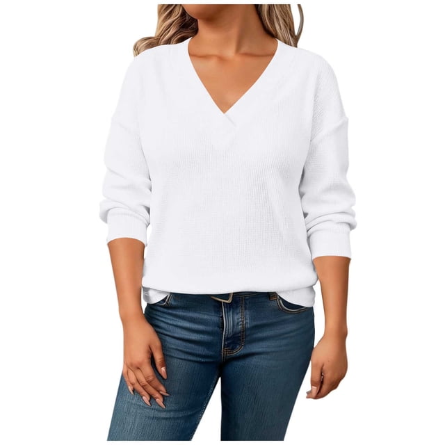XUNKUSGA Pullover Sweaters for Women Soft Knit Tops for Women Fashion Crisscross V Neck Long Sleeve Womens Tops Loose Solid Color Womens Sweatshirts for Party Office Shopping L-4XL White