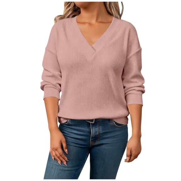 XUNKUSGA Pullover Sweaters for Women Soft Knit Tops for Women Fashion Crisscross V Neck Long Sleeve Womens Tops Loose Solid Color Womens Sweatshirts for Party Office Shopping L-4XL Pink