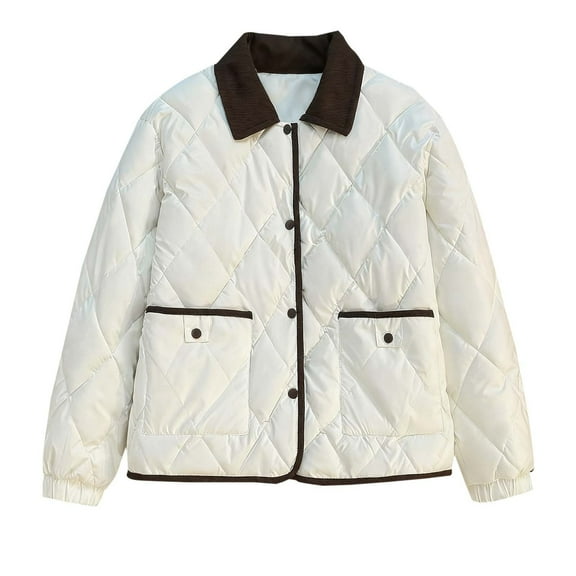 XUNKUSGA Quilted Jacket Casual Solid Color Waterproof Winter Coat Fashion Comfortable Womens Quilted Jacket Corduroy Lapel Collar Long Sleeve Winter Clothing for Women S-XL White
