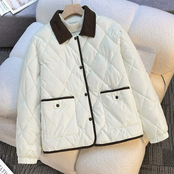 XUNKUSGA Quilted Jacket Casual Solid Color Waterproof Winter Coat Fashion Comfortable Womens Quilted Jacket Corduroy Lapel Collar Long Sleeve Winter Clothing for Women S-XL White