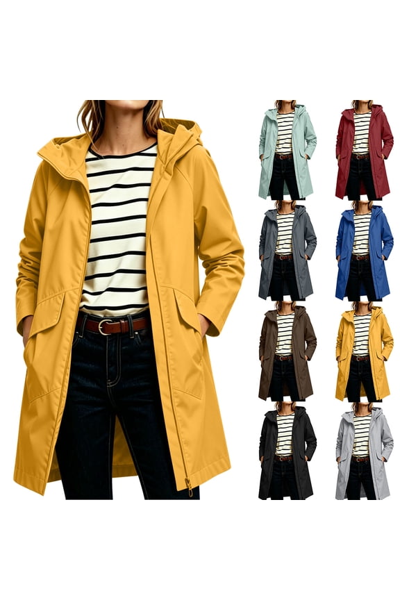 Raincoats for Women with Hood Classic Solid Color Waterproof Windproof Mid Length Windbreaker Jacket for Women with Pockets for Casual Hiking Camping Yellow 2XL