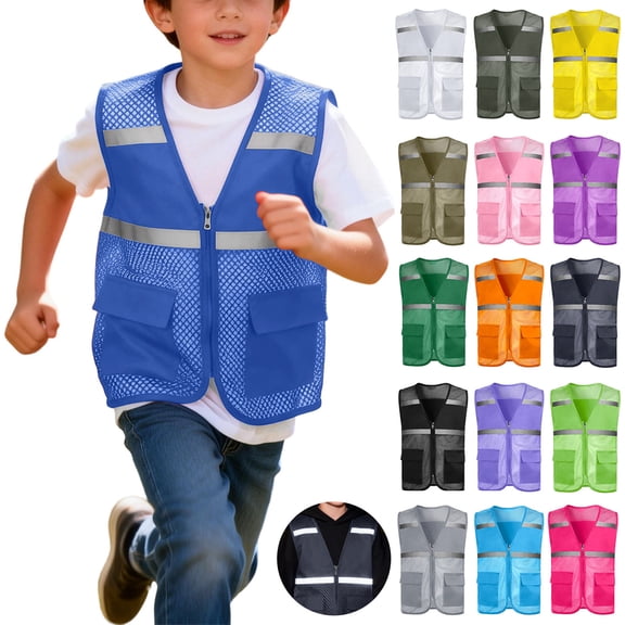 XUNKUSGA Safety Vest for Child High Visibility Mesh Sleeveless V Neck Safety Vest with Zipper and Pockets Classic Reflective Construction Vest for Kids Outdoor Cycling Walking,L