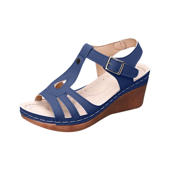 XUNKUSGA Sandal for Women Lightweight Comfortable Added Arch Support Womens Sandals Classic Soild Color Peep-Toe T-Strap Block Wedge Heel Dress Shoes 5.5-9.5 Blue