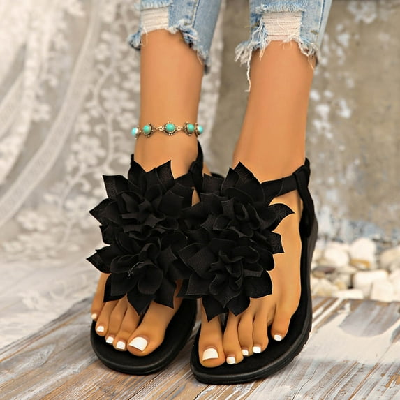 XUNKUSGA Sandals for Women Fashion Solid Color Floral Elastic Ankle Strap Beach Slide Sandals Casual Flip Flops Flats Sandals for Vacation 6-9.5,Black