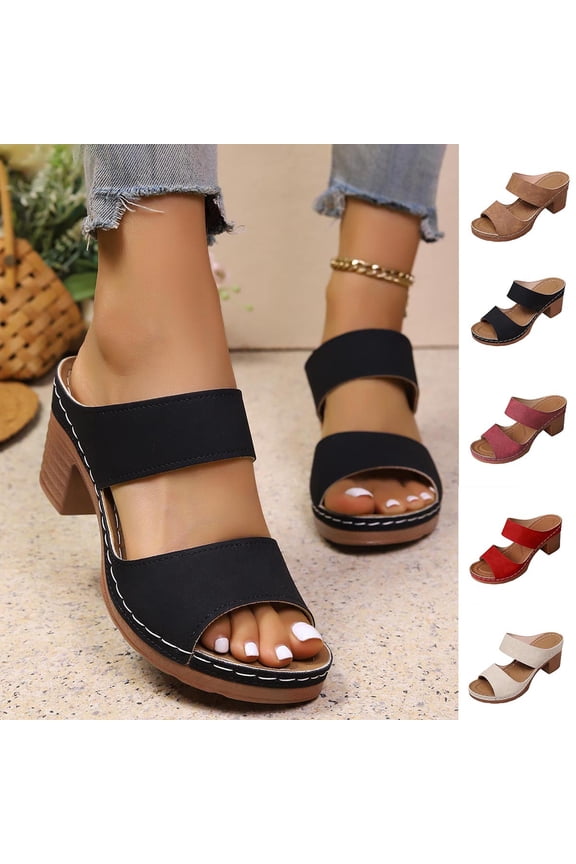 Sandals for Women Summer Casual Comfortable Open toe High Heel Slides Sandals Fashion Retro Double Strap Sandals Women Dressy for Beach,6