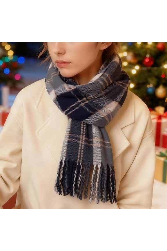 Scarf for Women Cold Weather Warm Knit Thick Plaid Check Winter Scarf Fashion Neck Scarf for Women Soft Comfortable Scarves for Women Blue