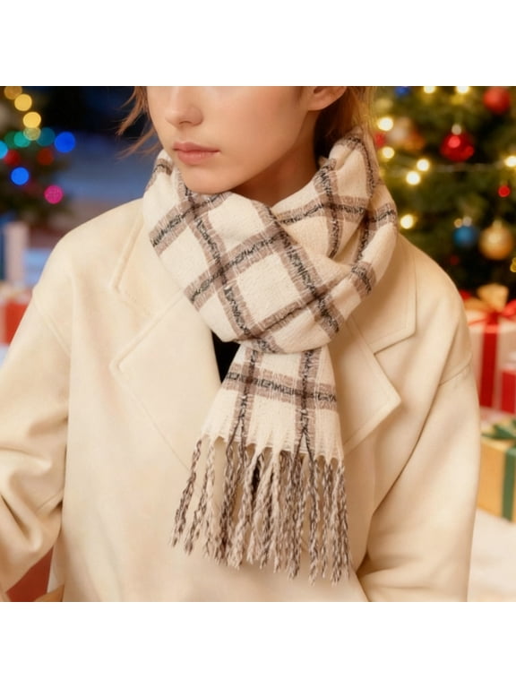 Scarf for Women Cold Weather Warm Knit Thick Plaid Check Winter Scarf Fashion Neck Scarf for Women Soft Comfortable Scarves for Women Brown