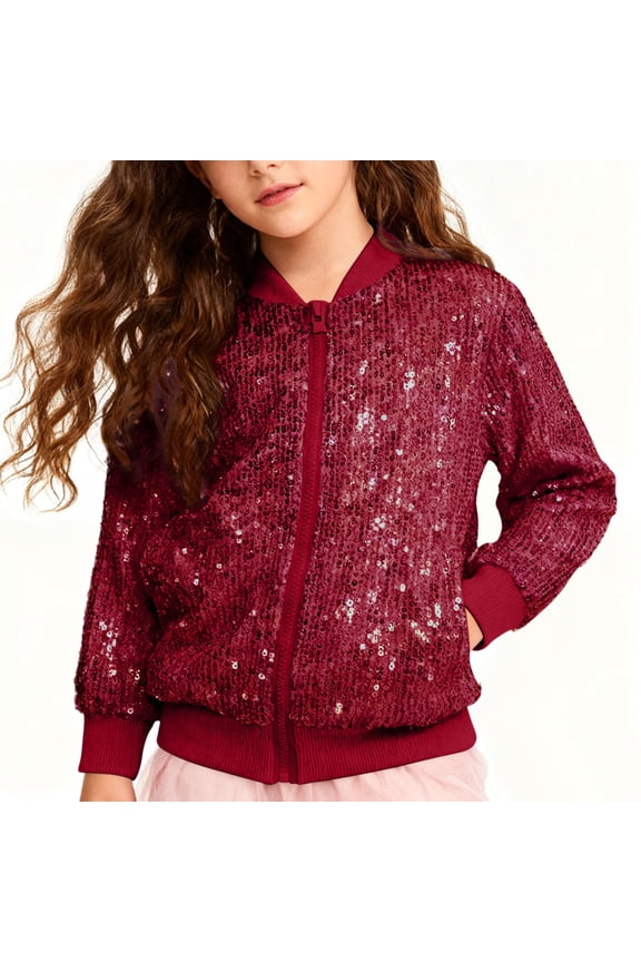 Sequin Jacket 2-10 Years Fashion Full Zip Jacket for Toddler Casual Long Sleeved Front Zipper Bomber Jacket for Kid Cute Soild Color Kids Jacket with Pockets Red