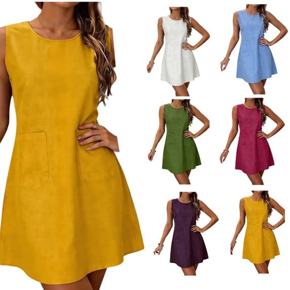 XUNKUSGA Shirt Dress Classic Cotton Linen Womens Dresses with Pockets Casual Crew Neck Tank Dress Loose Sleeveless Mini Dress for Vacation S-5XL,Pink