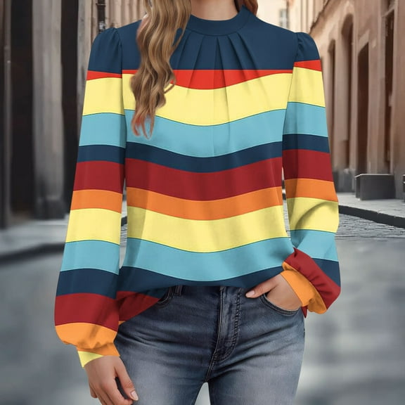 XUNKUSGA Shirts for Women Fashion Mock Neck Puffed Long Sleeve Blouses for Women Casual Loose Pleated Front Tops for Women Trendy Color Block Ladies Tops and Blouses S-2XL Yellow