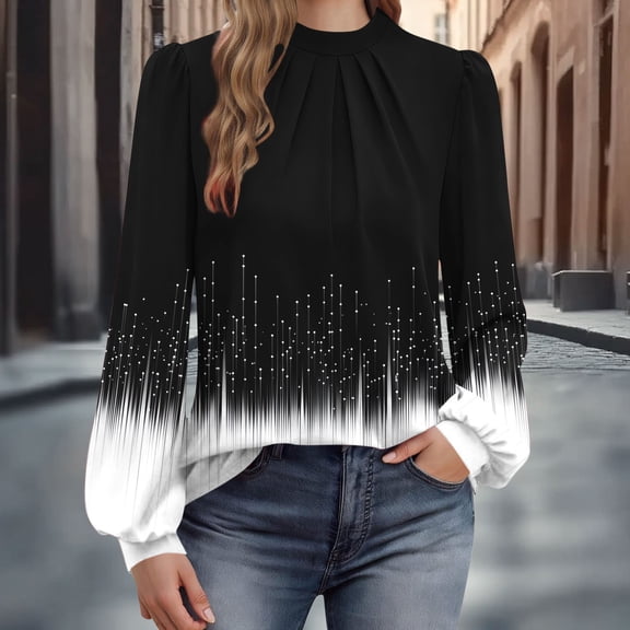 XUNKUSGA Shirts for Women Fashion Mock Neck Puffed Long Sleeve Blouses for Women Casual Loose Pleated Front Tops for Women Trendy Color Block Ladies Tops and Blouses S-2XL Black