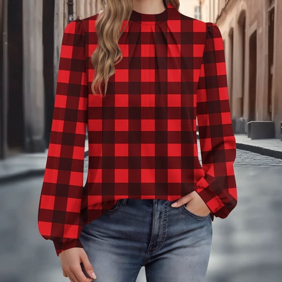 XUNKUSGA Shirts for Women Fashion Mock Neck Puffed Long Sleeve Blouses for Women Casual Loose Pleated Front Tops for Women Trendy Color Block Ladies Tops and Blouses S-2XL Red