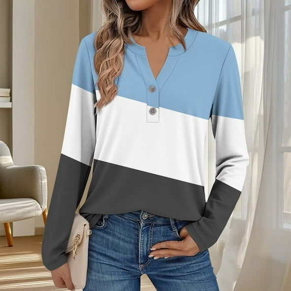 Shirts for Women Long Sleeve V Neck Womens Shirts Fashion Button Down T Shirts for Women Casual Loose Color Blocked Tops for Women Trendy S-3XL