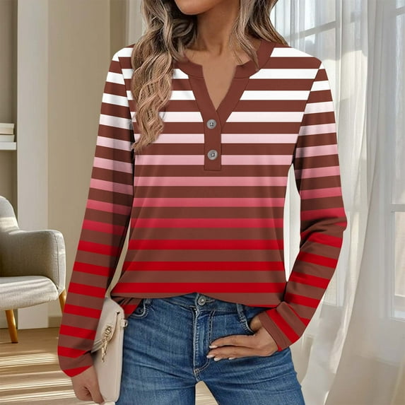 Shirts for Women Long Sleeve V Neck Womens Shirts Fashion Button Down T Shirts for Women Casual Loose Striped Gradient Tops for Women Trendy S-3XL