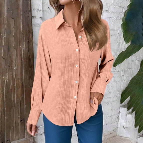 XUNKUSGA Shirts for Women Solid Color Button Tops for Women Trendy Long Sleeve Turndown Collar Women Clothes Casual Loose Fit Fall Clothes for Business Work S-2XL