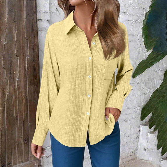 XUNKUSGA Shirts for Women Solid Color Button Tops for Women Trendy Long Sleeve Turndown Collar Women Clothes Casual Loose Fit Fall Clothes for Business Work S-2XL