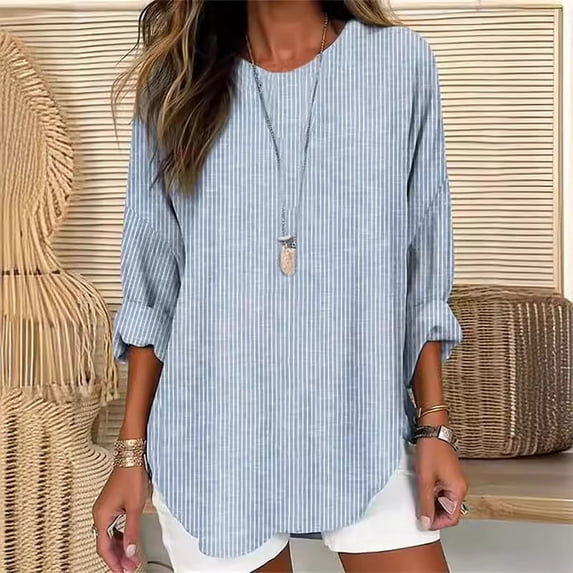 XUNKUSGA Shirts for Women Striped Crewneck Long Sleeve Womens Shirts Casual High Low Hemtunic Tops to Wear with Leggings Trendy Loose Womens Tops S-3XL