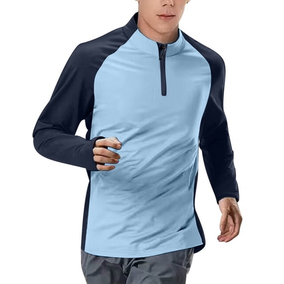 XUNKUSGA Shirts for Men Color Block Stand Collar Zipper Long Sleeved Pullover Tops Lightweight Outdoor Running Sweatshirt