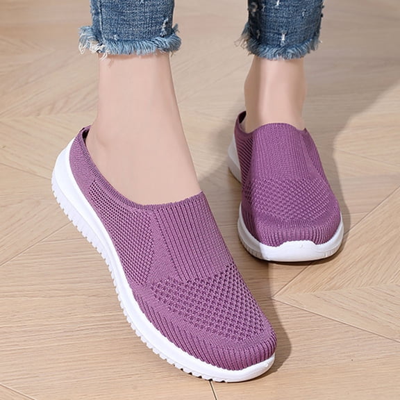 XUNKUSGA Shoes for Women Lightweight Breathable Sneakers For Women Casual Versatile Shallow-Cut Walking Shoes Women Slip On Mesh Knitted Flats Soft Women's Shoes Purple