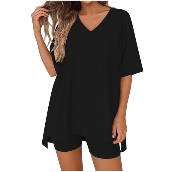 XUNKUSGA Short Sets for Women Casual Loose 2 Piece Sets for Women Summer Classic Soild Color Oversized V Neck T Shirts Tops Biker Shorts Matching Sets,Black,L