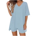 thumbnail image 1 of XUNKUSGA Short Sets for Women Casual Loose 2 Piece Sets for Women Summer Classic Soild Color Oversized V Neck T Shirts Tops Biker Shorts Matching Sets,Blue,S, 1 of 7