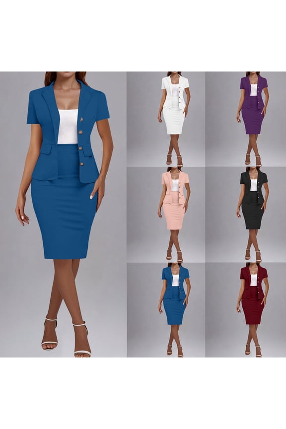 Skirt Suit Set for Women Soild Color Business Casual Short Sleeve Blazer and Pencil Skirts Formal Office Casual Outfits for Work, Office, Meeting S-5XL,Blue