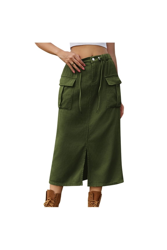 Skirts for Women Drawstring Button Waist Long Skirts for Women Front Split cargo skirts for women with Y2K Flap Pockets Plain Casual Pencil Skirt S-2XL