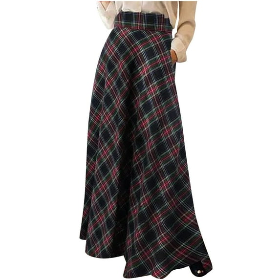 XUNKUSGA Skirts for Women Fashion Woolen Plaid Maxi Skirt Fall Winter A-line pleated Skirts for women Casual High Waisted Vintage Long Skirts with Pockets S-5XL Black