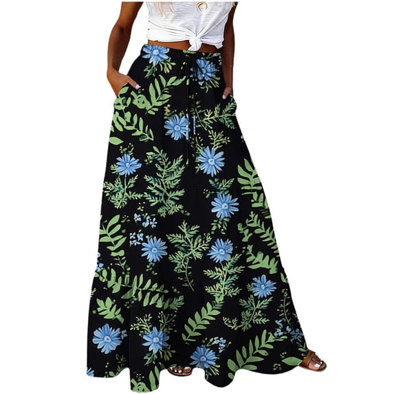 XUNKUSGA Skirts for Women Summer Lightweight Elastic Waisted Floral Skirt Fashion Boho Skirt with Pockets Casual Printed Womens Skirts for Beach,Black,M