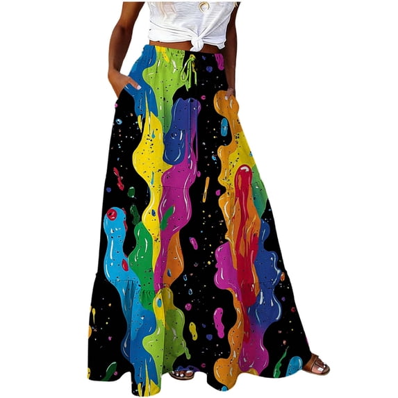 XUNKUSGA Skirts for Women Summer Lightweight Elastic Waisted Floral Skirt Fashion Boho Skirt with Pockets Casual Printed Womens Skirts for Beach,Black,M