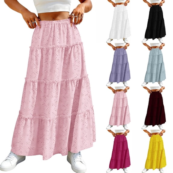 XUNKUSGA Skirts for Women Trendy Summer Hollow Out Mesh A Line Midi Skirt Fashion Soild Color High Waisted Flowy Ruffle Tiered Long Skirts,Pink,S