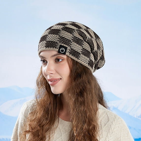 XUNKUSGA Slouchy Hat for Women Checkered Knit Stretch Skull Caps Warm Toboggan Ski Cap Slouch Baggy Oversized Hat Comfortable Breathable Winter Hat Beige