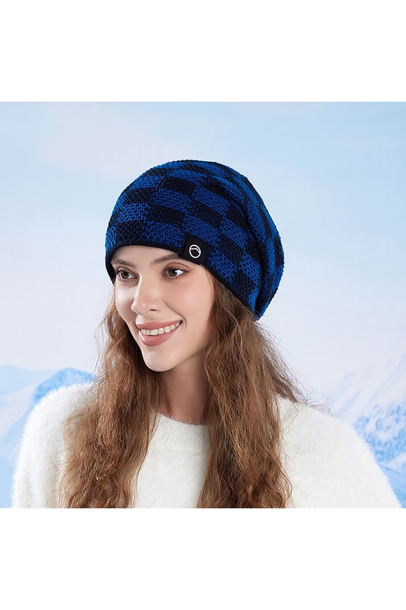 Slouchy Hat for Women Checkered Knit Stretch Skull Caps Warm Toboggan Ski Cap Slouch Baggy Oversized Hat Comfortable Breathable Winter Hat Blue