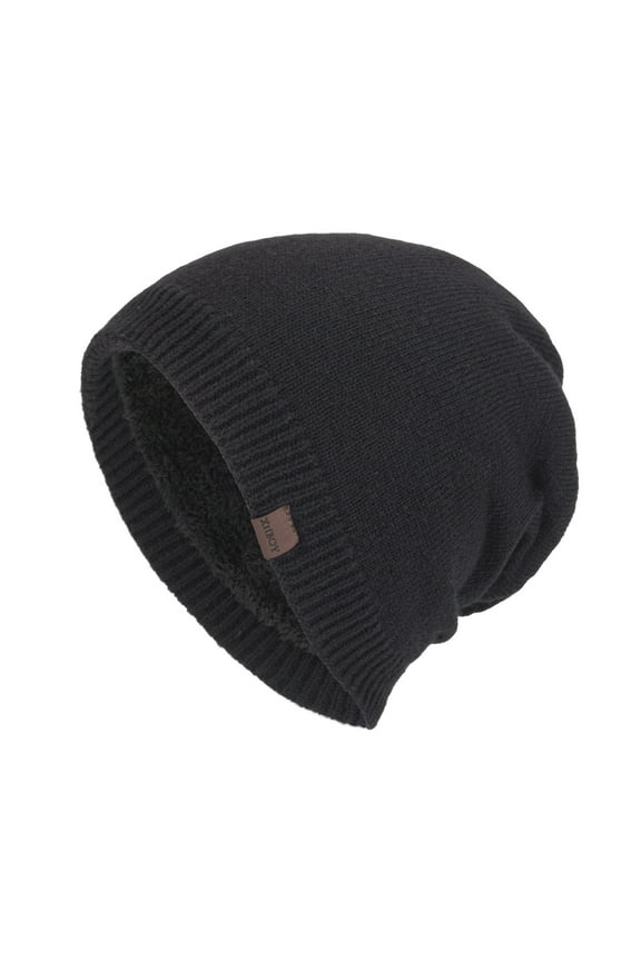 Slouchy Hats for Men Winter Warm Hats for Guys Windproof Ear Protection Hats Mens Fleece Lined Knit Thick Slouch Skull Stocking Binie Cap Black