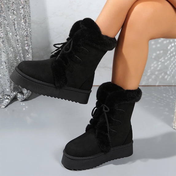 XUNKUSGA Snow Boots for Women Faux Fleece Lined Women's Boots Fashion Solid Color Front Lace Up Womens Boots Slip-On Warm Comfortable Ankle Outdoor Shoes 5.5-9 Black