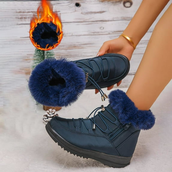 XUNKUSGA Snow Boots for Women Winter Solid Color Thickened Women's Boots Comfortable Fully Lined Hiking Booties Warm Lightweight Ankle Boots with Side Zipper 5.5-9.5 Navy
