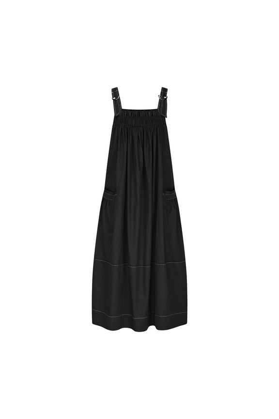 Spring Dresses for Women 2025 Wide Pockets Barrel Overall Dress Adjutable Strap Denim Jumper Dress Casual Loose Fit Midi Dresses S,M,L