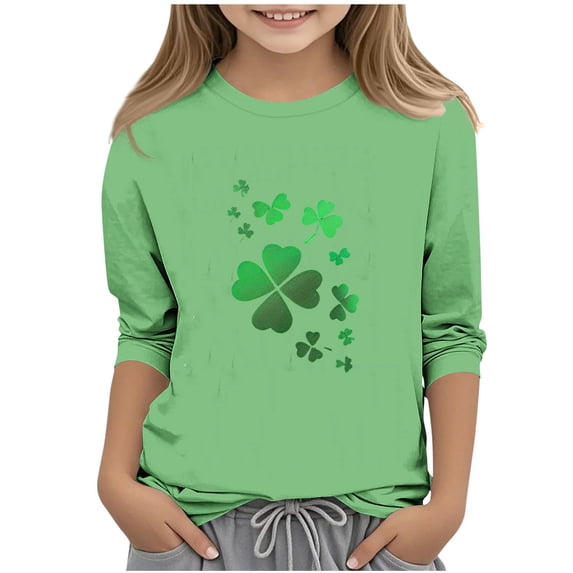 XUNKUSGA St. Patrick's Day Girls Tops 3-12Y Classic Crewneck 3/4 Sleeve Tee Tops Cute Saint Patricks Day Printed Girls Blouse Casual Pullover Tops Trendy Shamrock Graphic Kids Tops Green