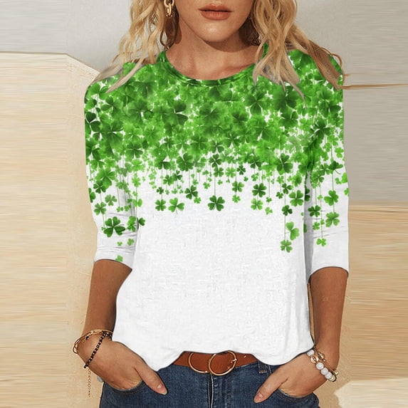 XUNKUSGA St. Patrick's Day Tops for Women Casual 3/4 Length Sleeve Going Out Tops Classic Crew Neck Base Layer Women Lightweight Comfortable Womens Tops S-5XL Multicolor